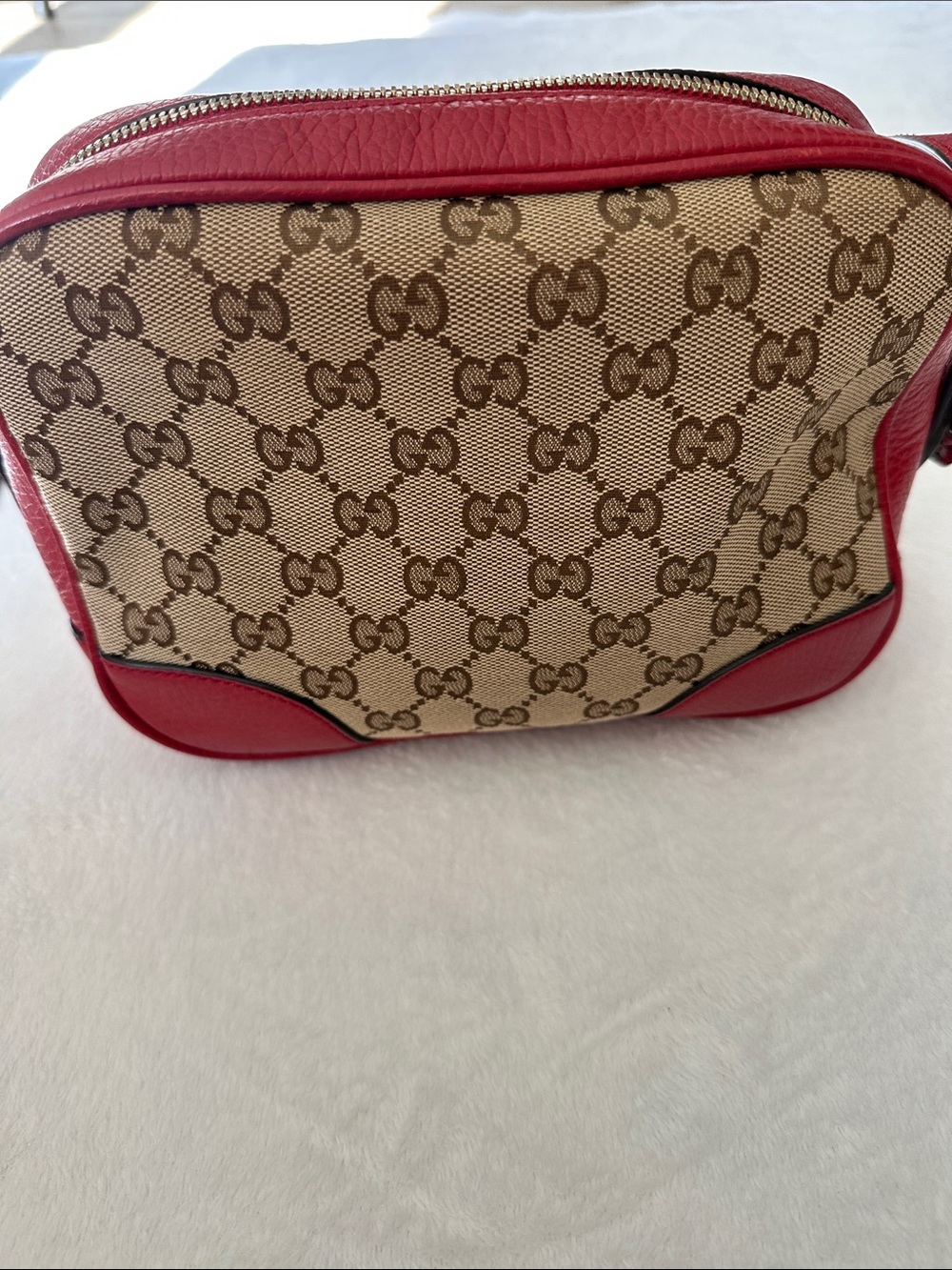 Gucci Beige GG Canvas Crossbody with Red Leather Trim